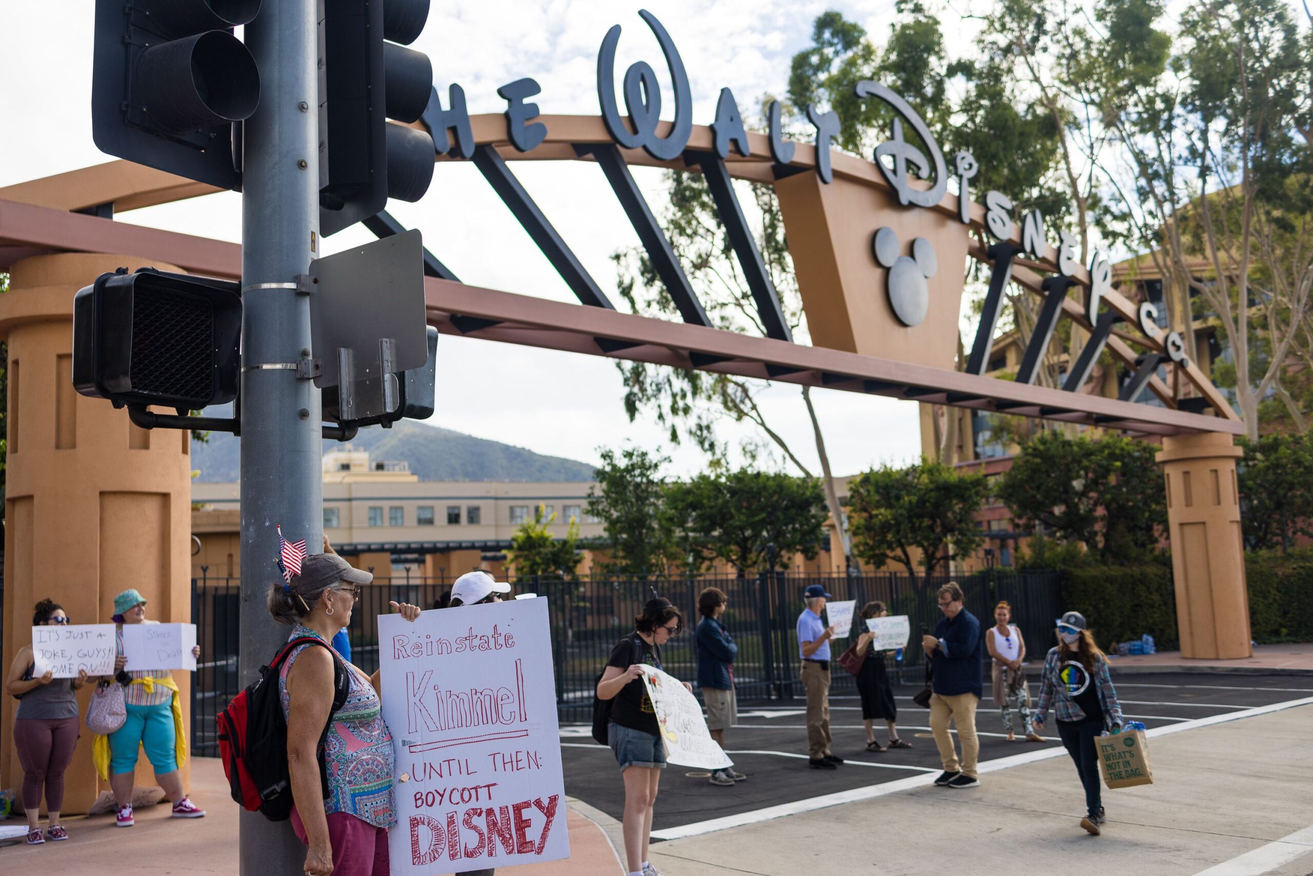 Protesters rally outside Disney to demand Jimmy Kimmel be reinstated after ABC ouster over Charlie Kirk comments