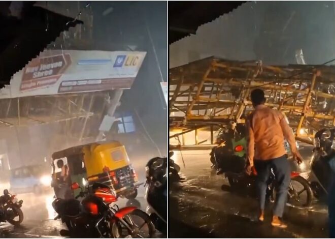 ‘Zindagi Ke Saath Bhi, Zindagi Ke Baad Bhi’: Auto Driver Narrowly Escapes Crushing Death As Huge ‘LIC’ Banner Hoarding Collapses – VIDEO Surfaces