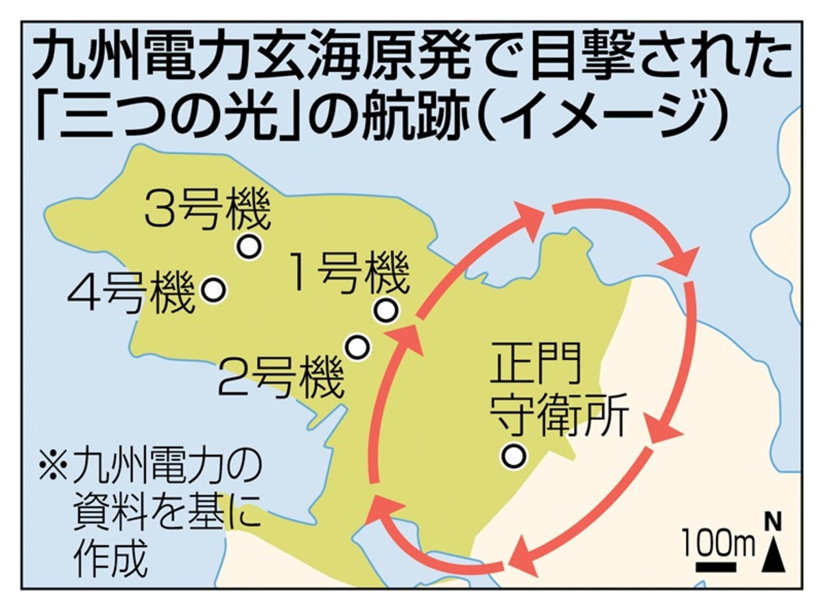 玄海原発で目撃の「三つの光」楕円旋回し原子炉に接近 飛行ルート記した地図